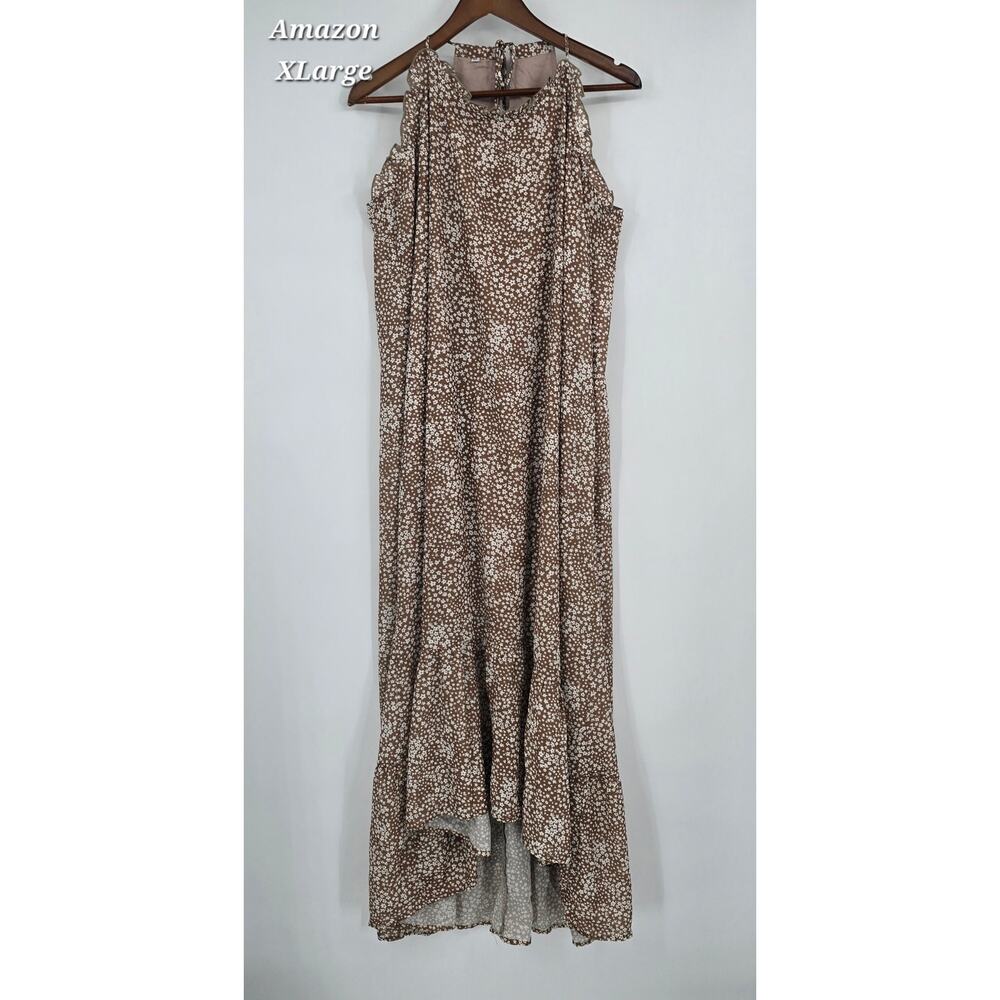 Amazon Boho Brown Floral Midi Dress XL Cottagecore Earth Tone Flowy Tiered Hem